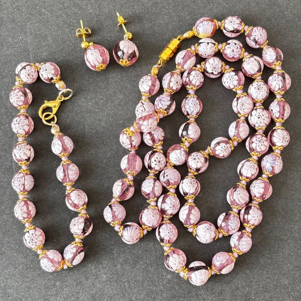 Vtg Murano Millefiori Venetian Glass Necklace Bracelet Earrings Purple Flowers